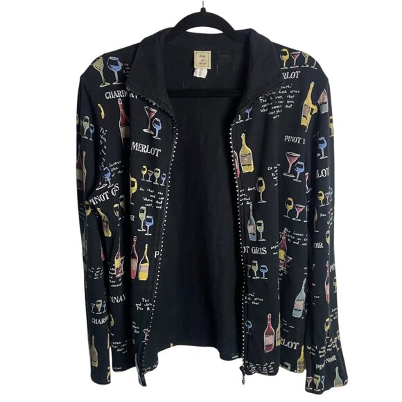 Jess & Jane Size Large Full Zip Collared Sweatshirt Black Wine Print Rhinestone - Picture 2 of 6